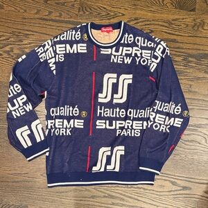 Supreme Navy and White Logo Crewneck Sweater